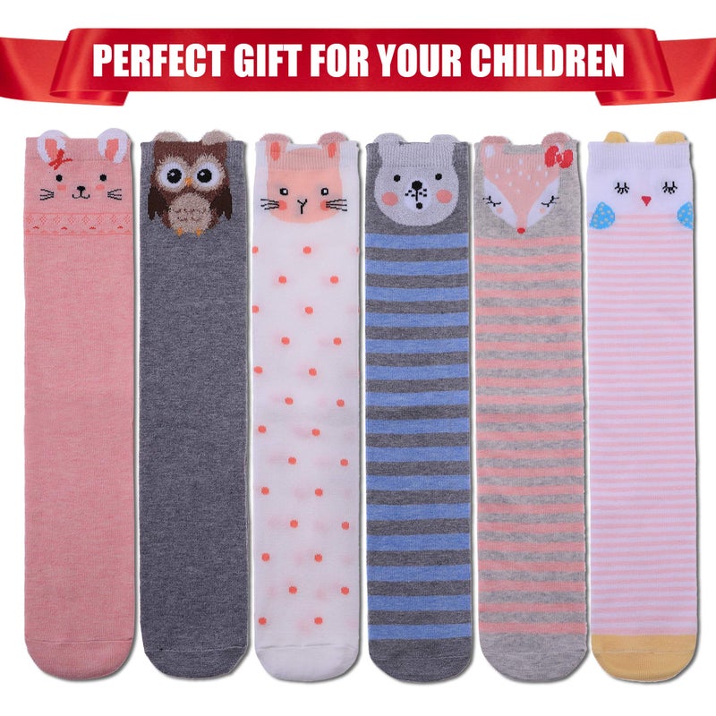 FNOVCO Girls Knee High Socks Kids Crazy Fun Gift Cute Animal Patterns Cotton Long Socks 6 Pairs (6 Pairs Cute Animal 01) - Image 5